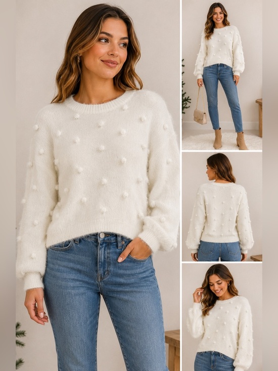 June & Ivy Sweaters - Jun & Ivy Ivory Pom Pom Fuzzy Sweater Womens Small Balloon Sleeve Cozy Knit